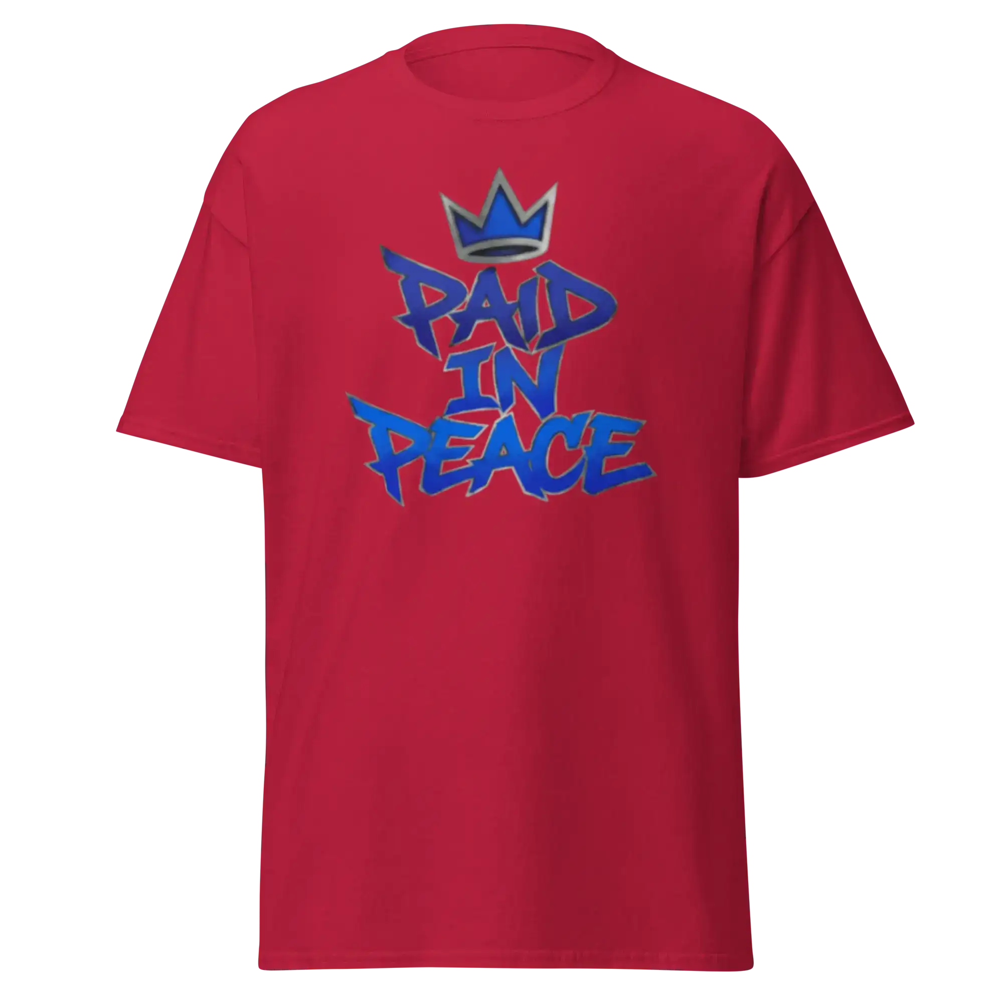Chrome Street Shirt – Paid In Peace Graphic Tee in red with bold blue text and crown design.