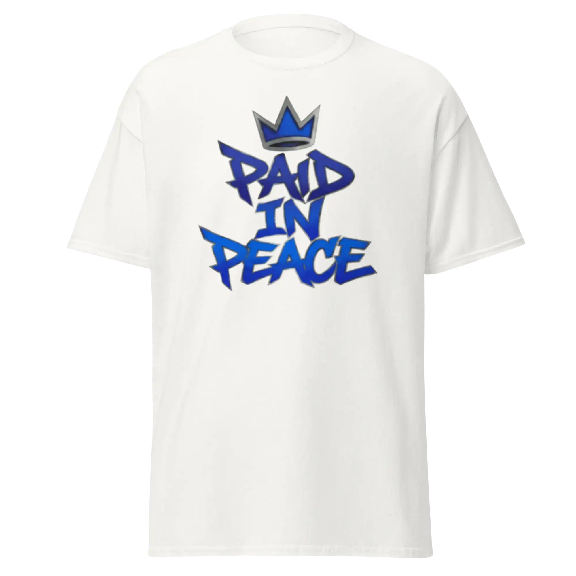 Chrome Street Shirt – Paid In Peace Graphic Tee with bold blue lettering on white fabric