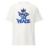 Chrome Street Shirt – Paid In Peace Graphic Tee with bold blue lettering on white fabric