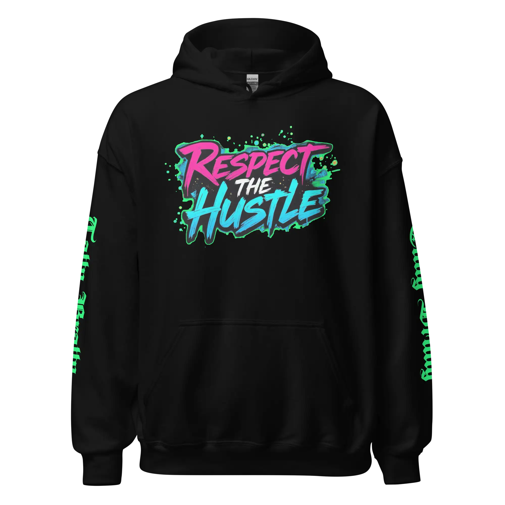 Black hoodie with ’Respect the Hustle’ graphic.