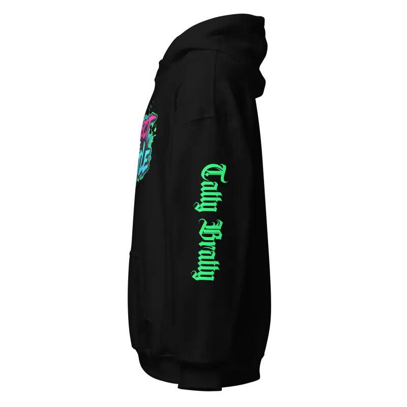 Black hoodie with colorful graphic.