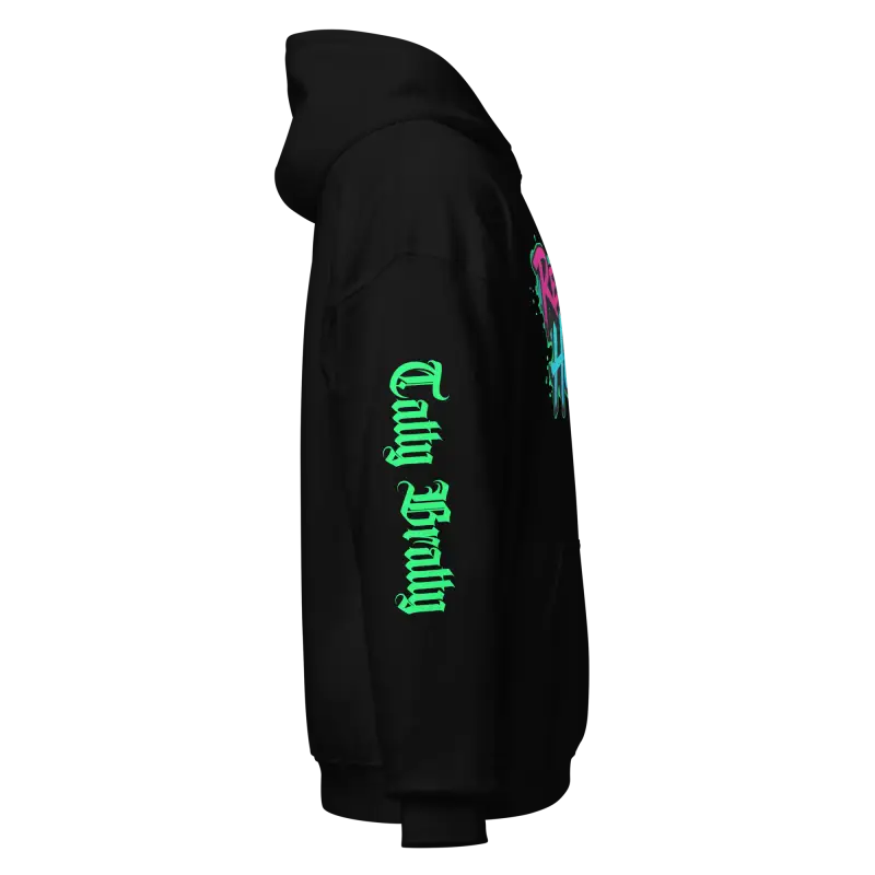 Black hoodie with green text on the sleeve.
