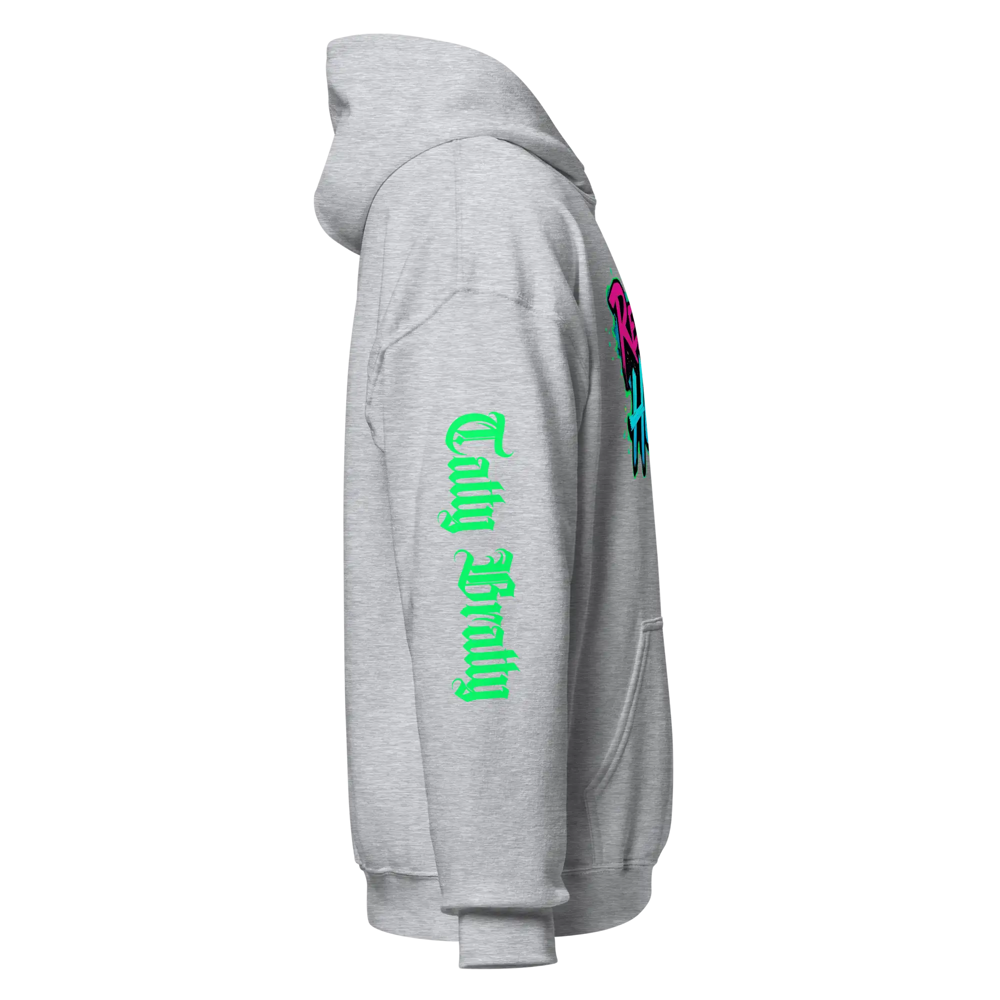 Gray hoodie with green lettering.