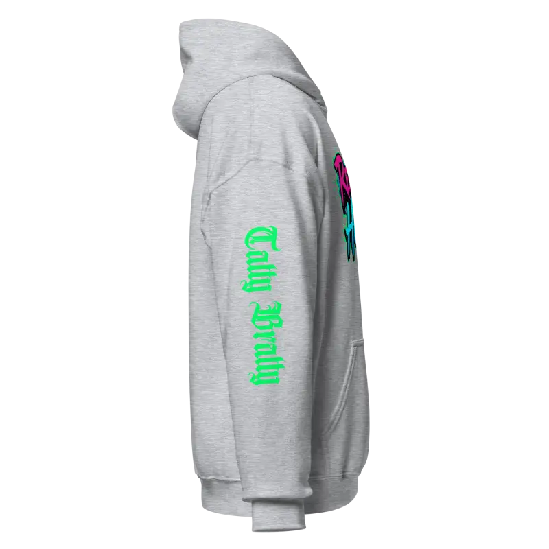 Gray hoodie with green lettering.