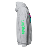 Gray hoodie with green lettering.