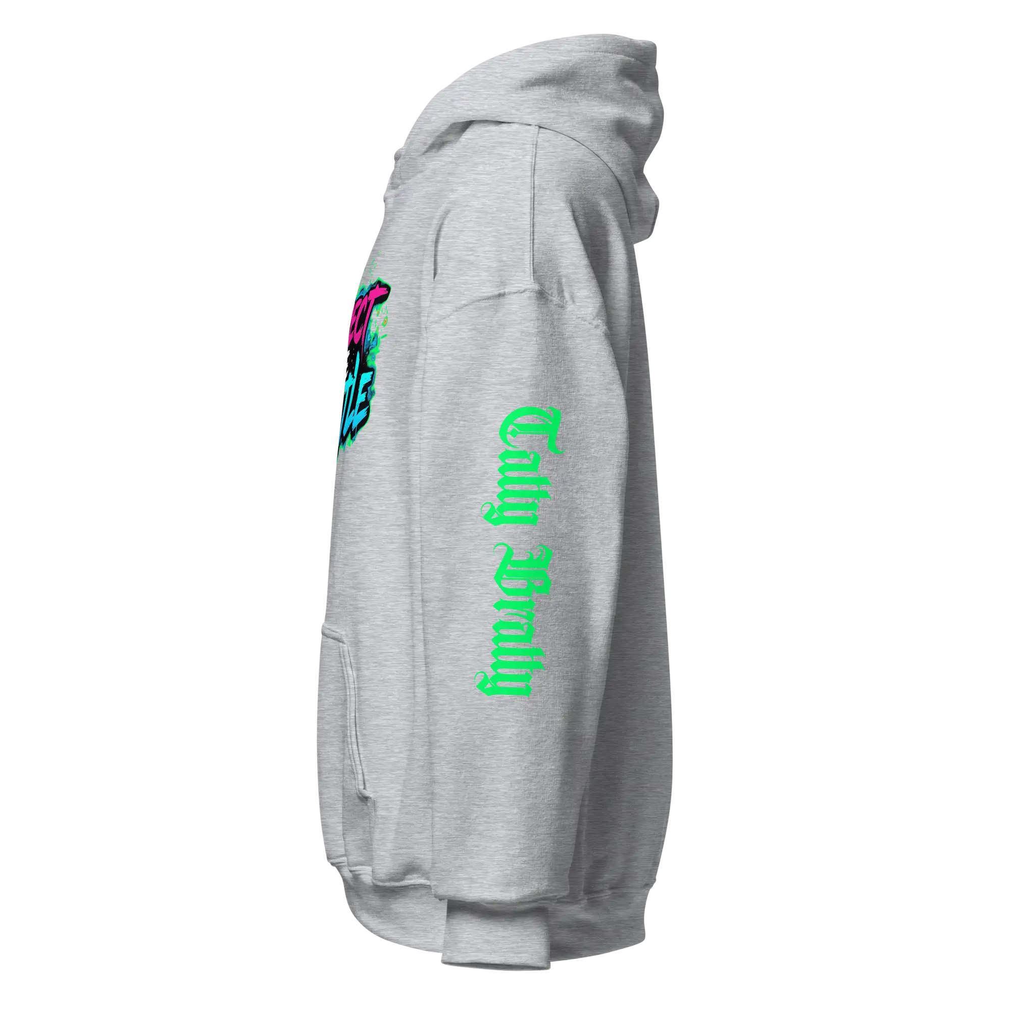Gray hooded sweatshirt.