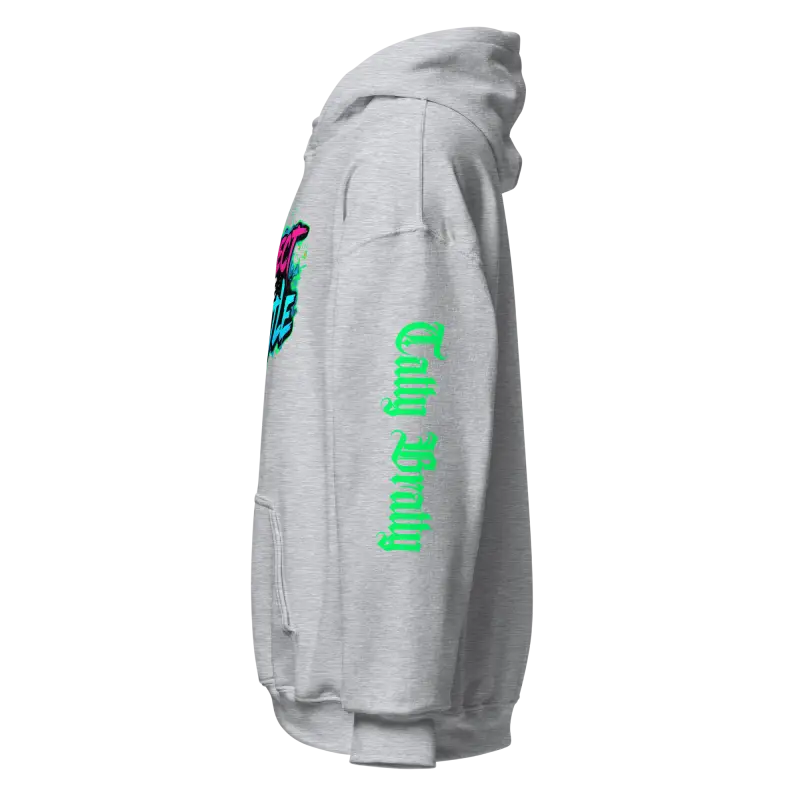 Gray hooded sweatshirt.
