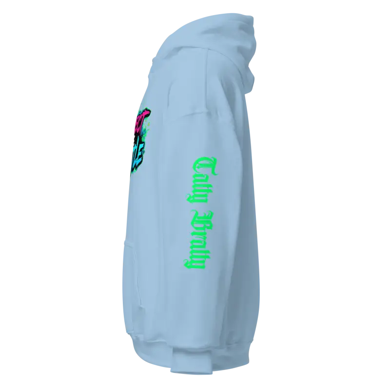 Light blue hoodie.