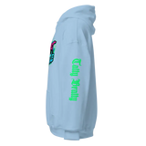 Light blue hoodie.