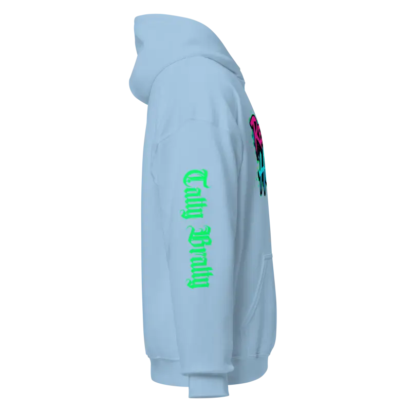 Light blue hoodie.
