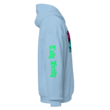 Light blue hoodie.