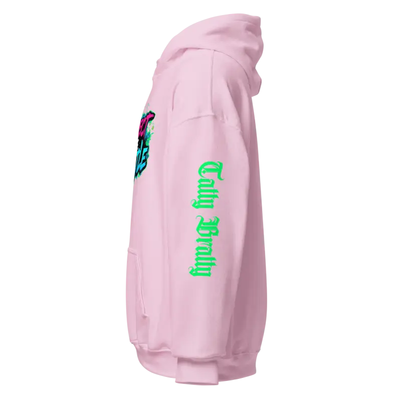 Pink hoodie with graphic.