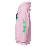 Pink hoodie with graphic.
