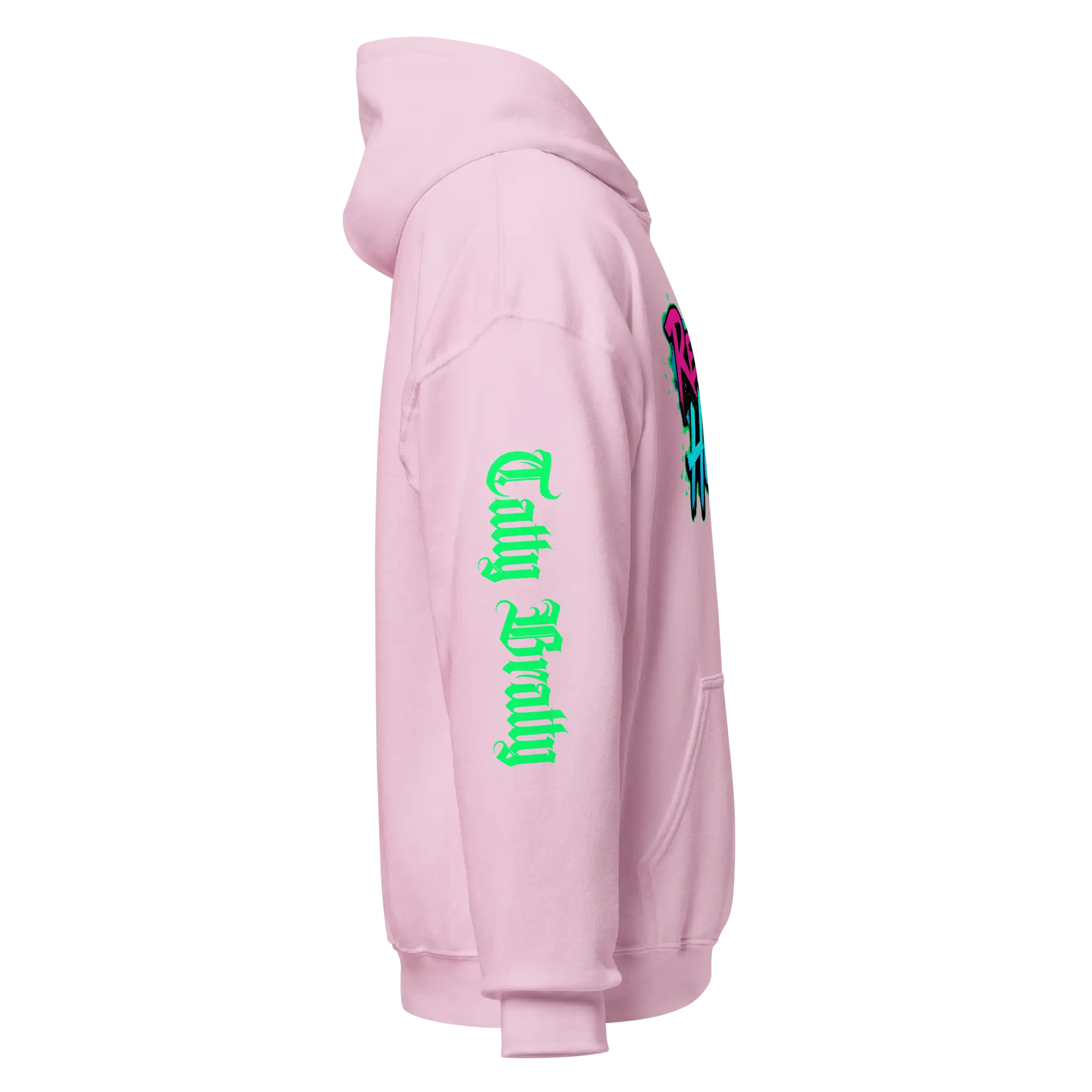 Pink hoodie with green text.