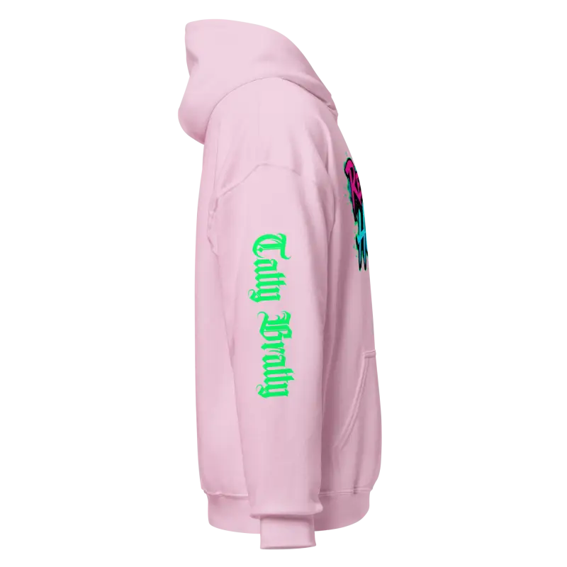 Pink hoodie with green text.