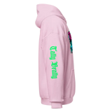 Pink hoodie with green text.