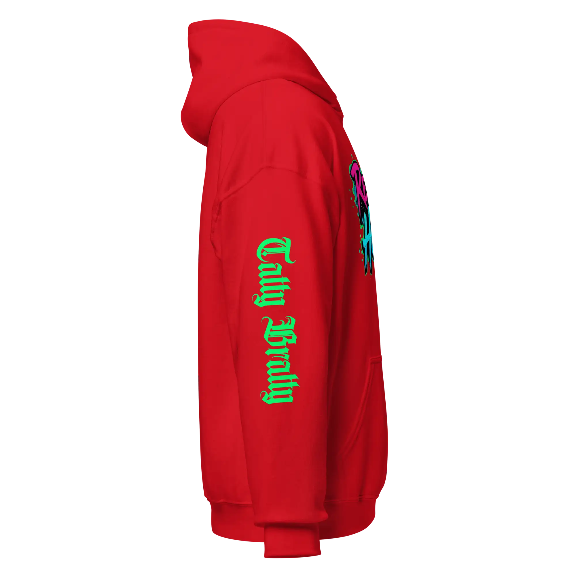 Red hoodie with green lettering.