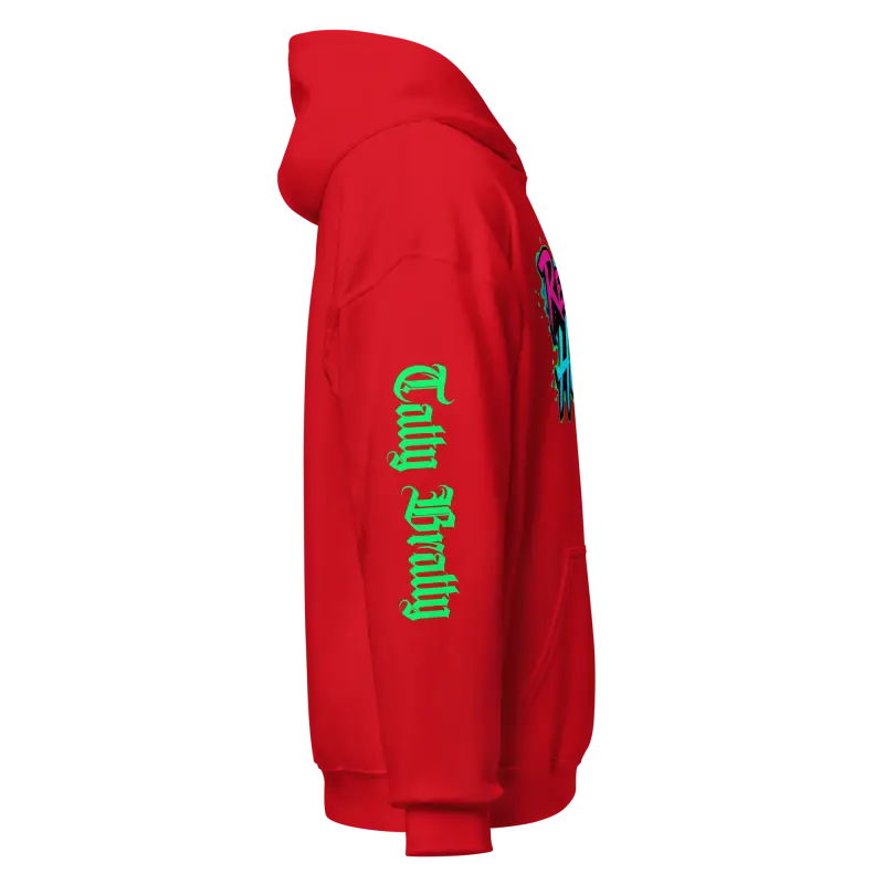 Red hoodie with green lettering.