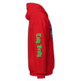 Red hoodie with green lettering.