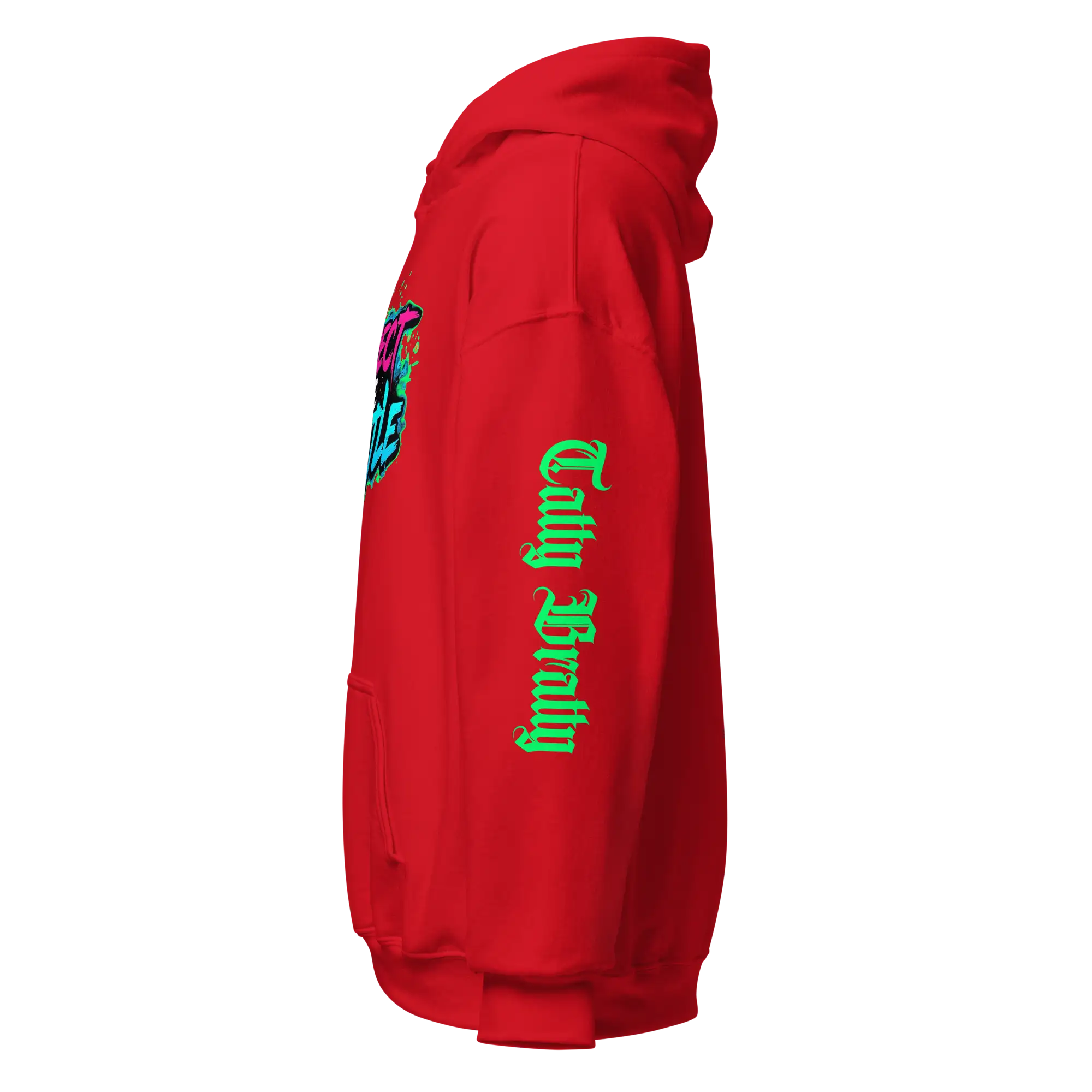 Red hoodie with sleeve text.