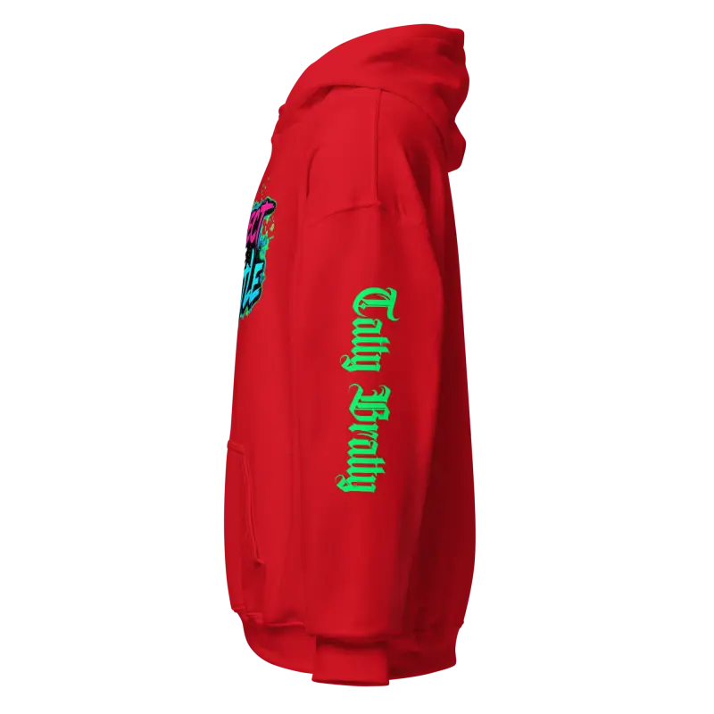 Red hoodie with sleeve text.