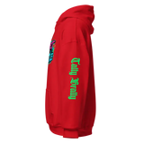 Red hoodie with sleeve text.