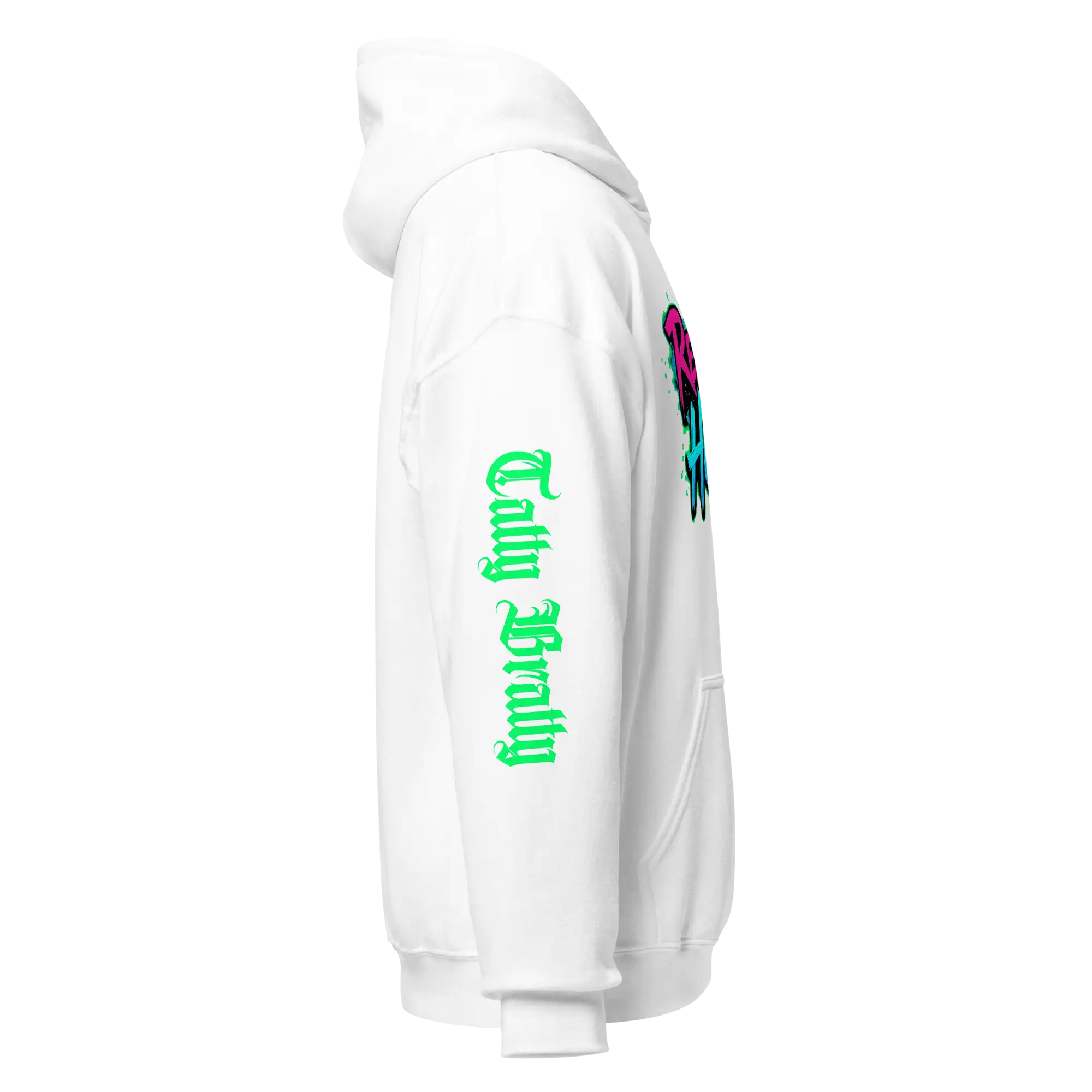White hoodie with colorful graphic.