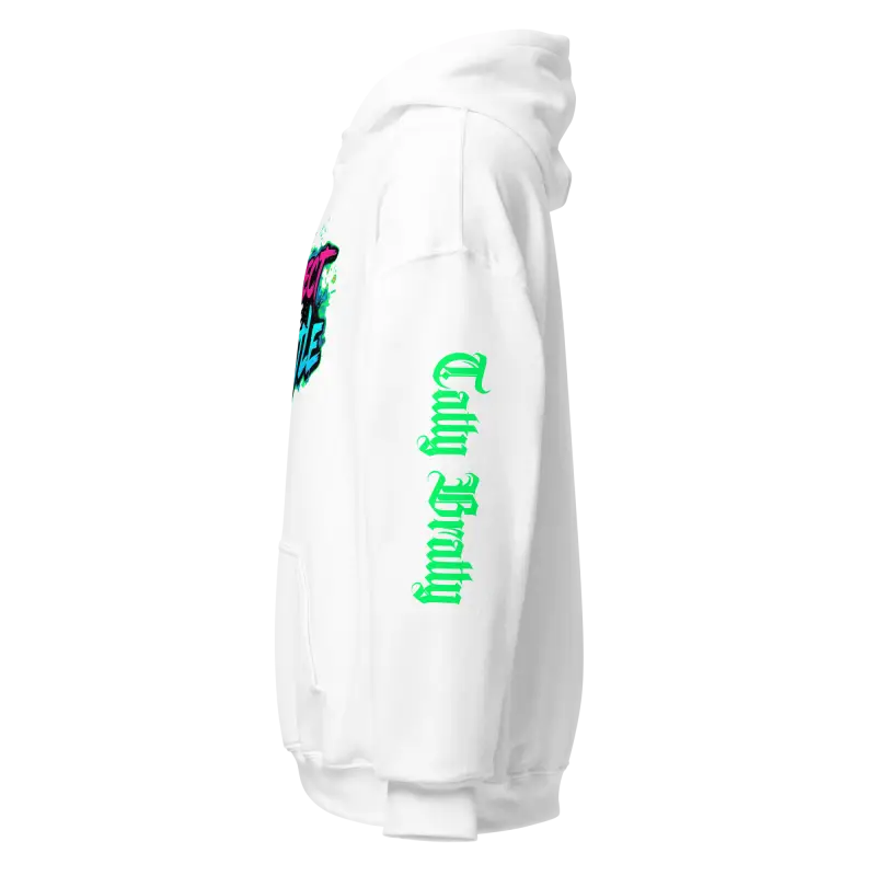 White hoodie with green text.