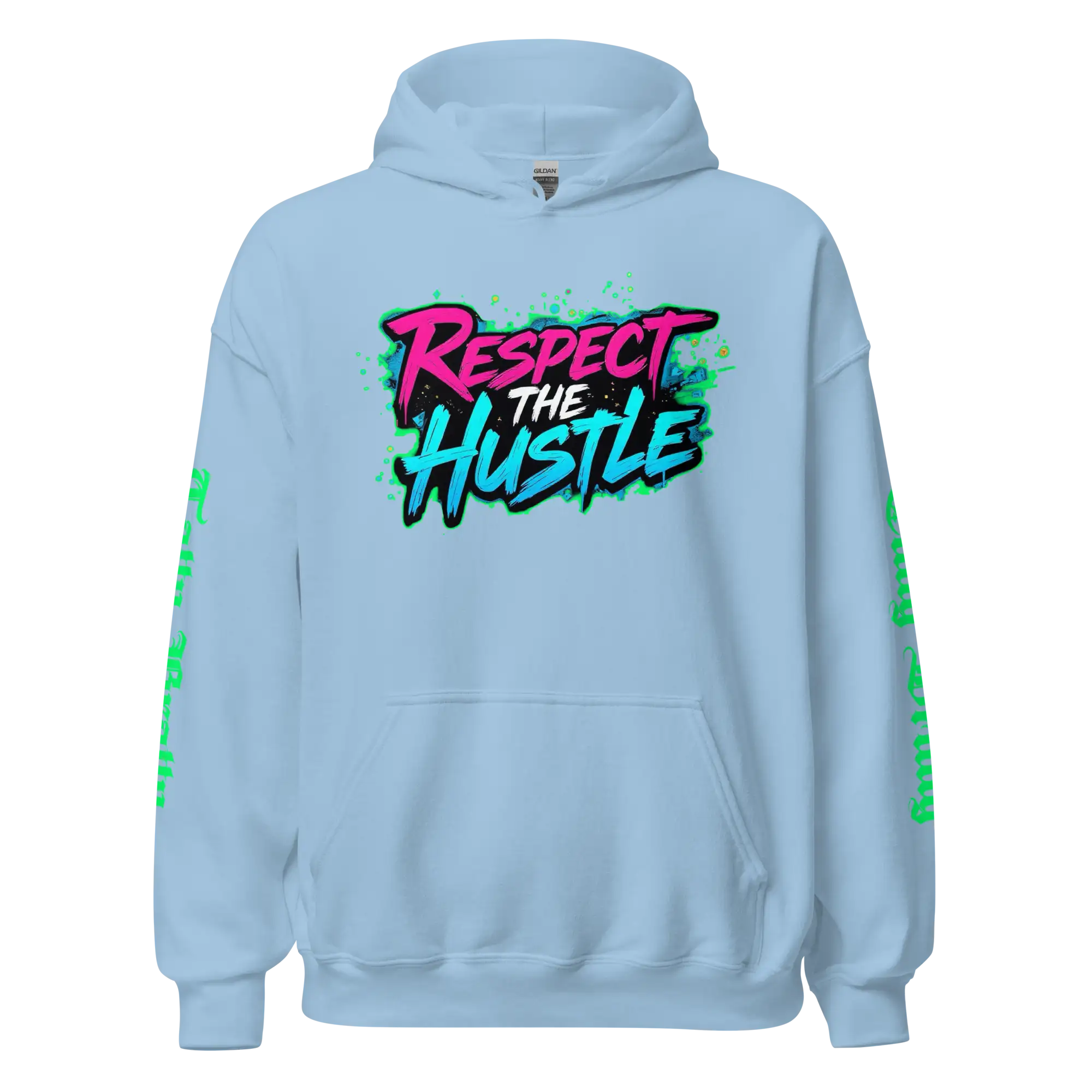 Light blue hoodie with ’Respect the Hustle’ graphic.