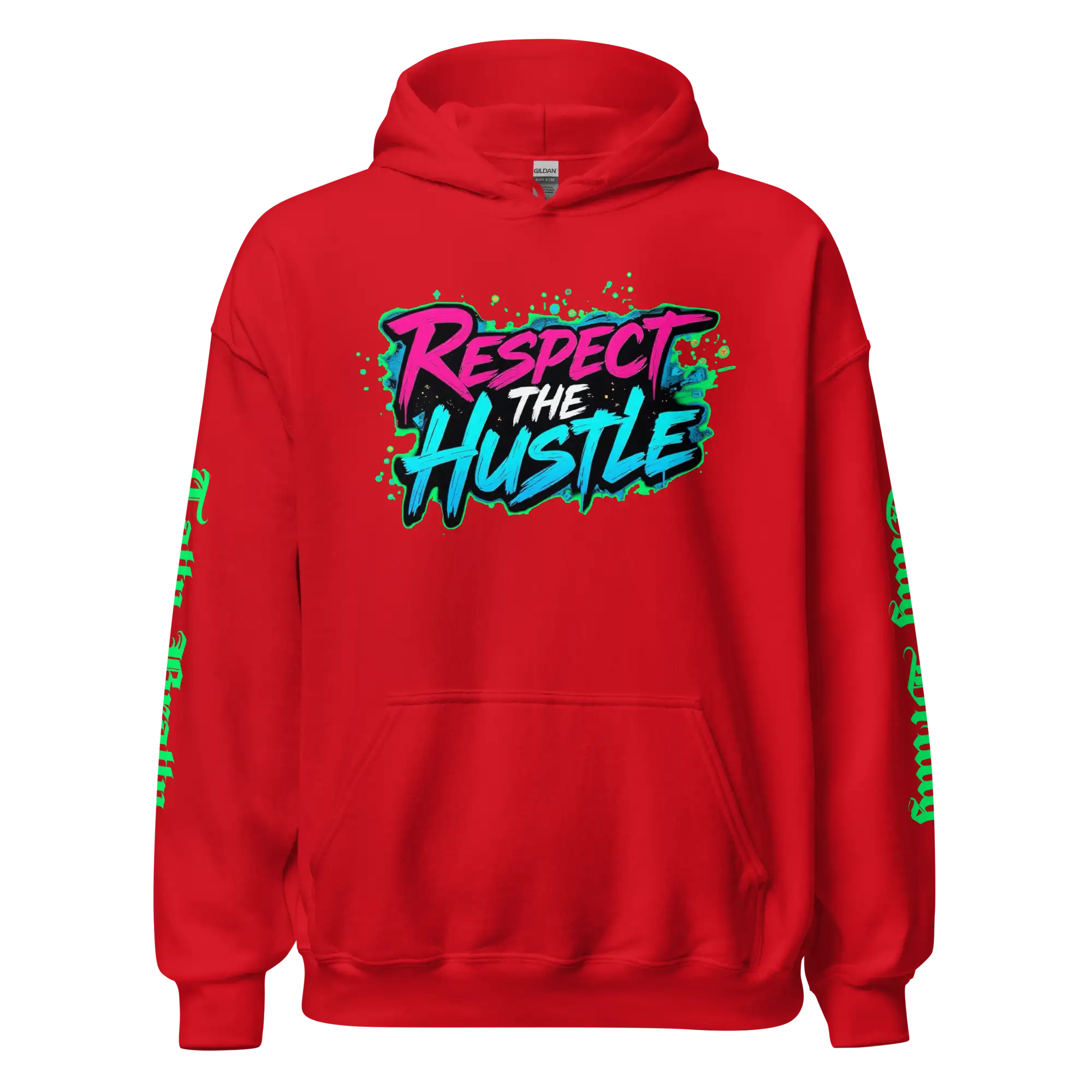Red hoodie with ’Respect the Hustle’ graphic.