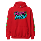 Red hoodie with ’Respect the Hustle’ graphic.