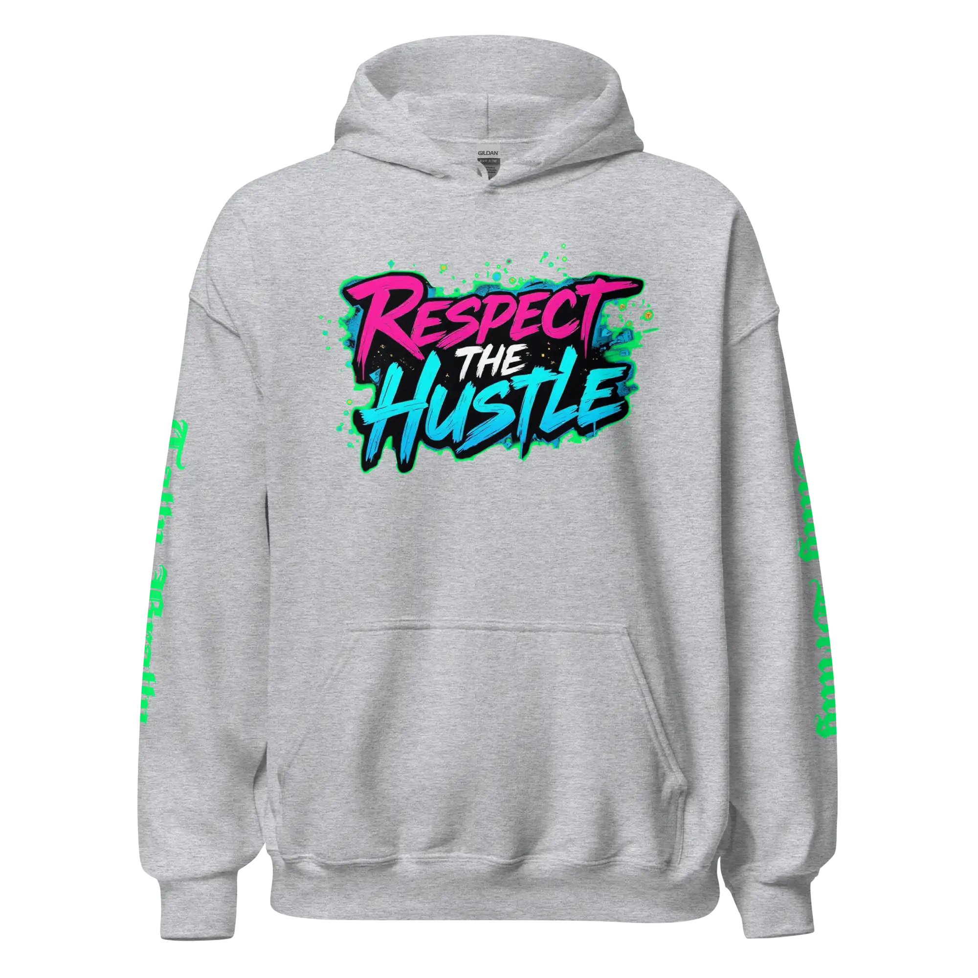 Gray hoodie with ’Respect the Hustle’ graphic.