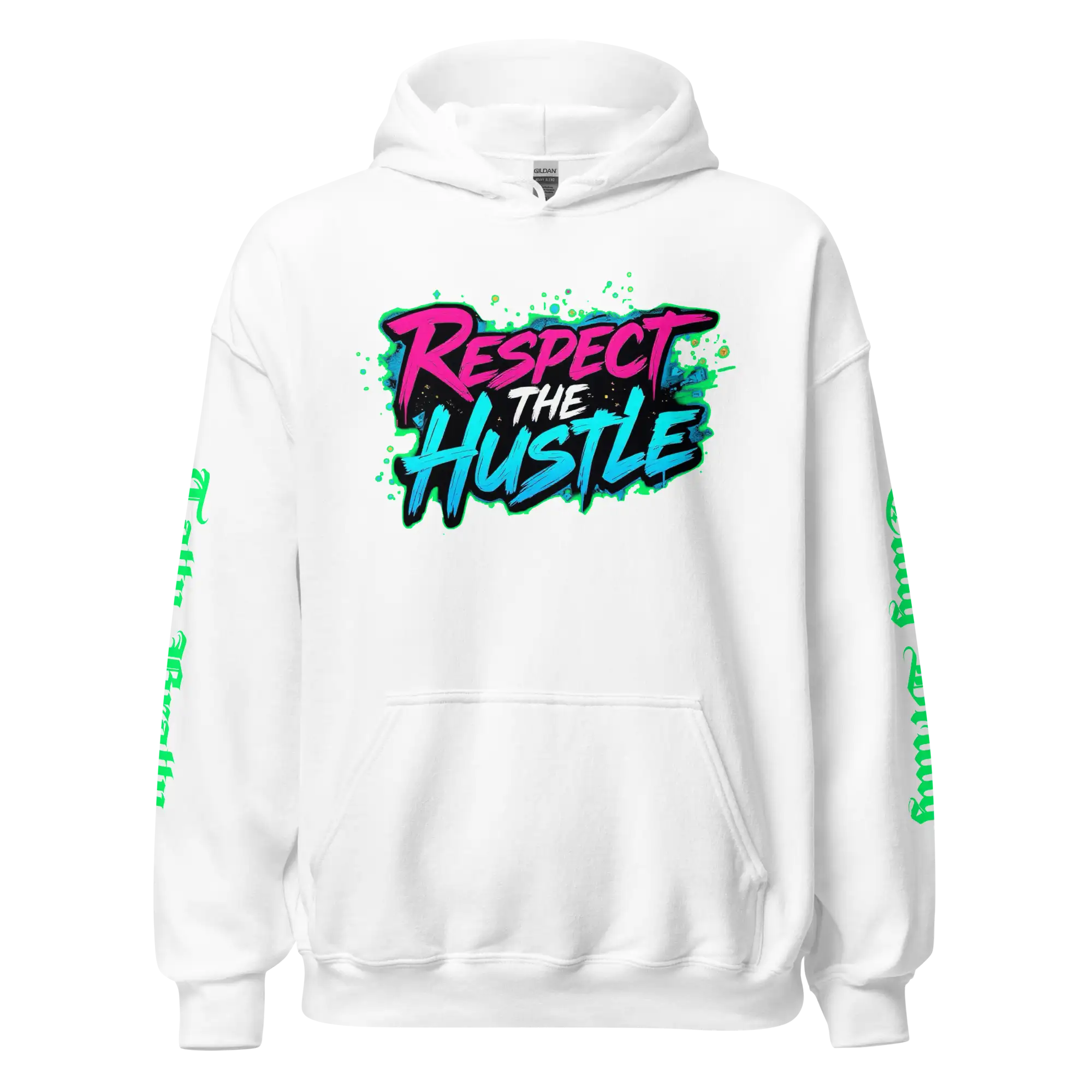 White hoodie with ’Respect the Hustle’ graphic.