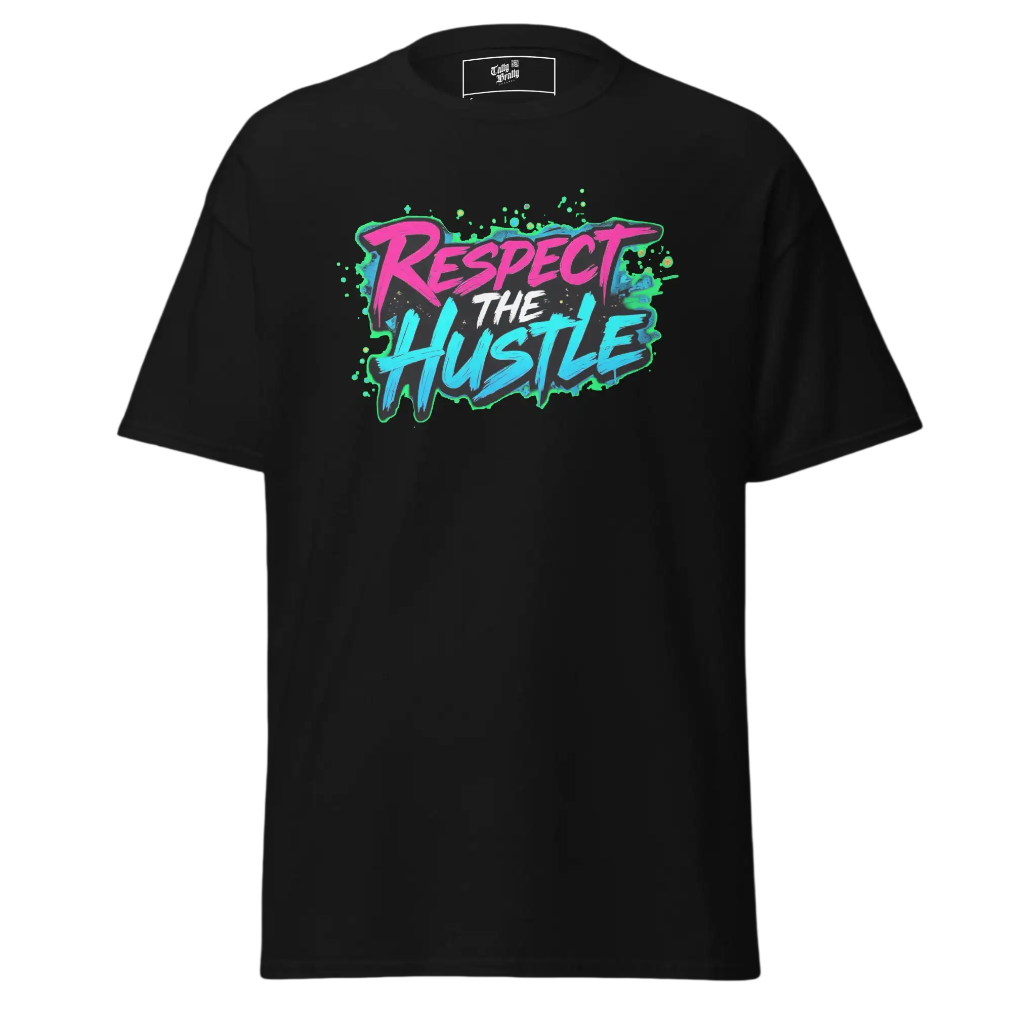 Black t-shirt with ’Respect the Hustle’ graphic.