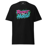 Black t-shirt with ’Respect the Hustle’ graphic.