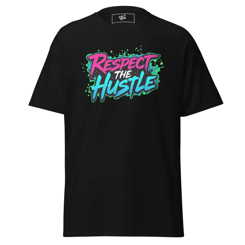 Black t-shirt with ’Respect the Hustle’ graphic.