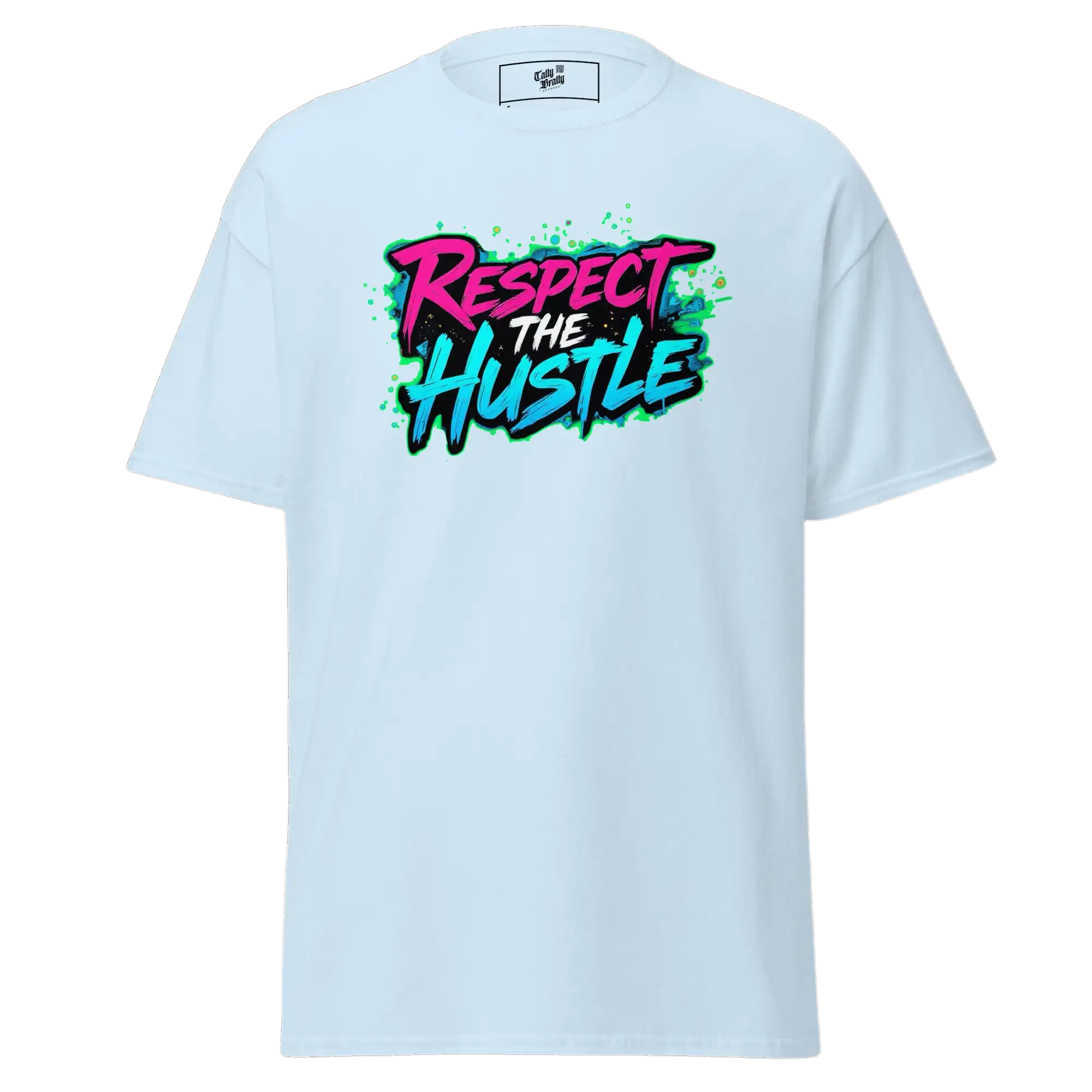 Light blue t-shirt with ’Respect the Hustle’ graphic.