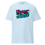Light blue t-shirt with ’Respect the Hustle’ graphic.
