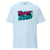 Light blue t-shirt with ’Respect the Hustle’ graphic.