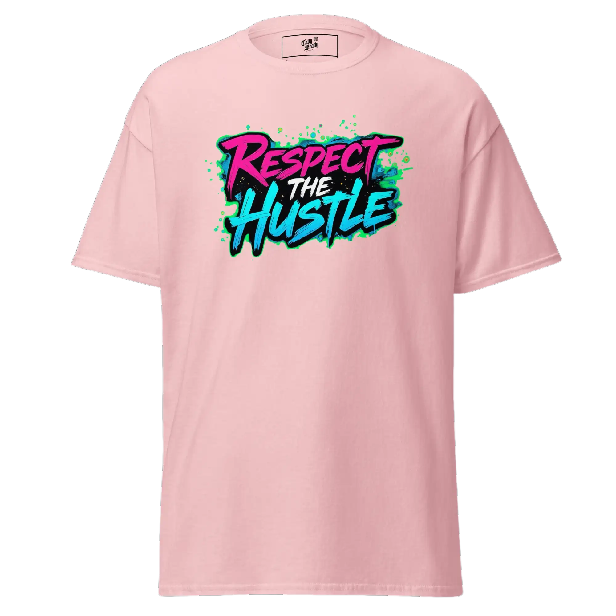 Pink t-shirt with ’Respect the Hustle’ graphic.