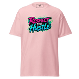 Pink t-shirt with ’Respect the Hustle’ graphic.