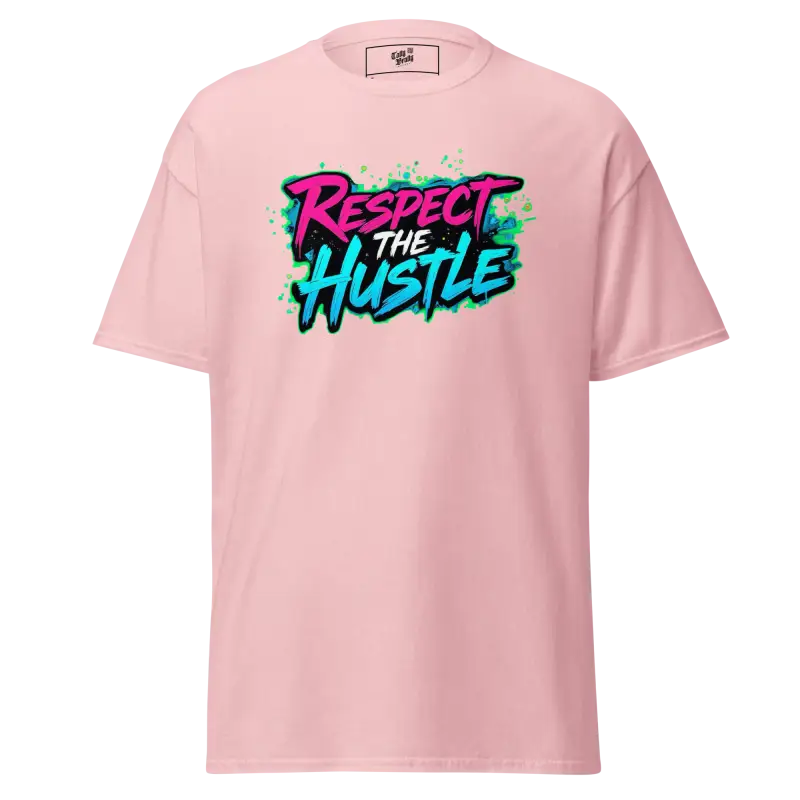 Pink t-shirt with ’Respect the Hustle’ graphic.