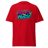 Red t-shirt with ’Respect the Hustle’ graphic.