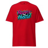 Red t-shirt with ’Respect the Hustle’ graphic.