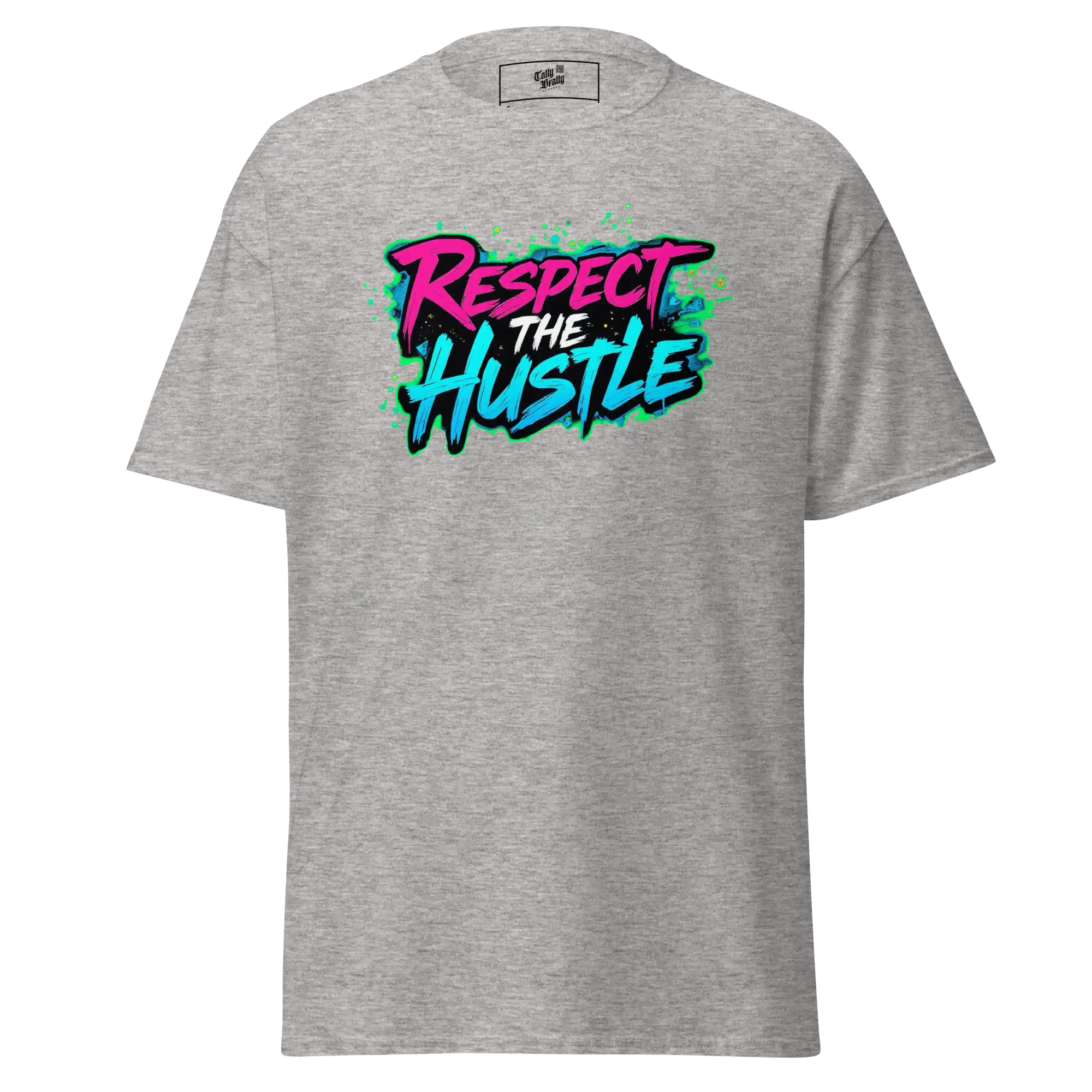 Gray t-shirt with ’Respect the Hustle’ graphic.