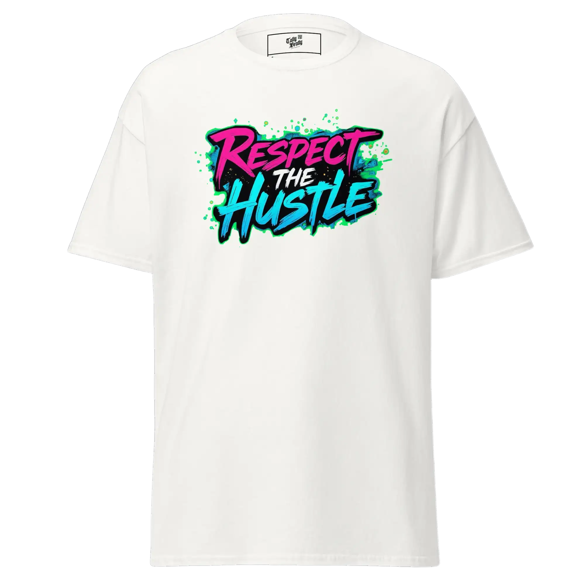 White t-shirt with ’Respect the Hustle’ graphic.