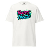 White t-shirt with ’Respect the Hustle’ graphic.