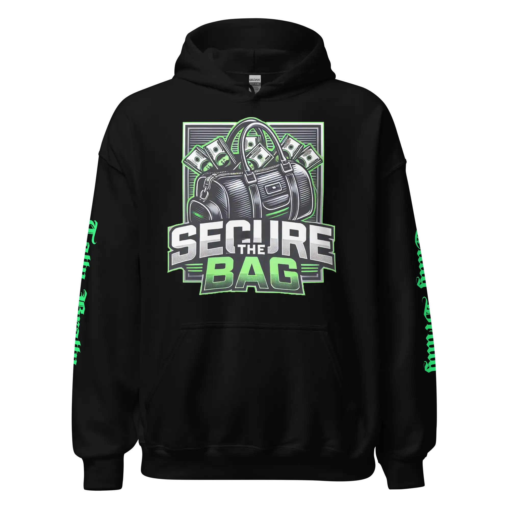 Black hoodie with ’Secure the Bag’ graphic.