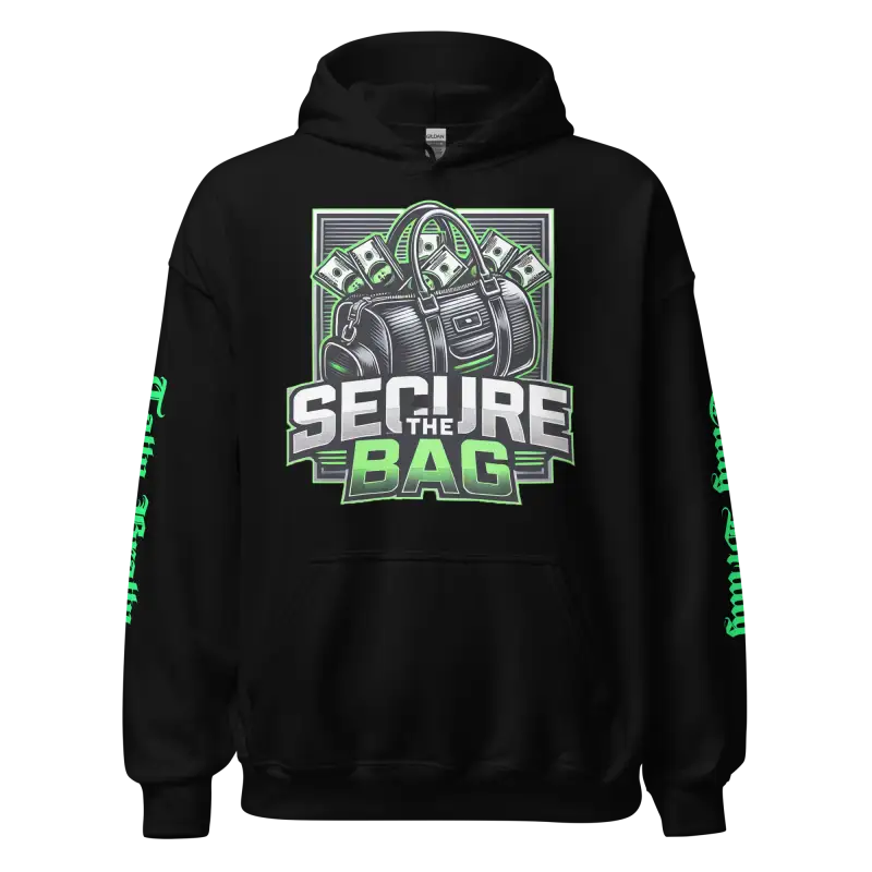 Black hoodie with ’Secure the Bag’ graphic.