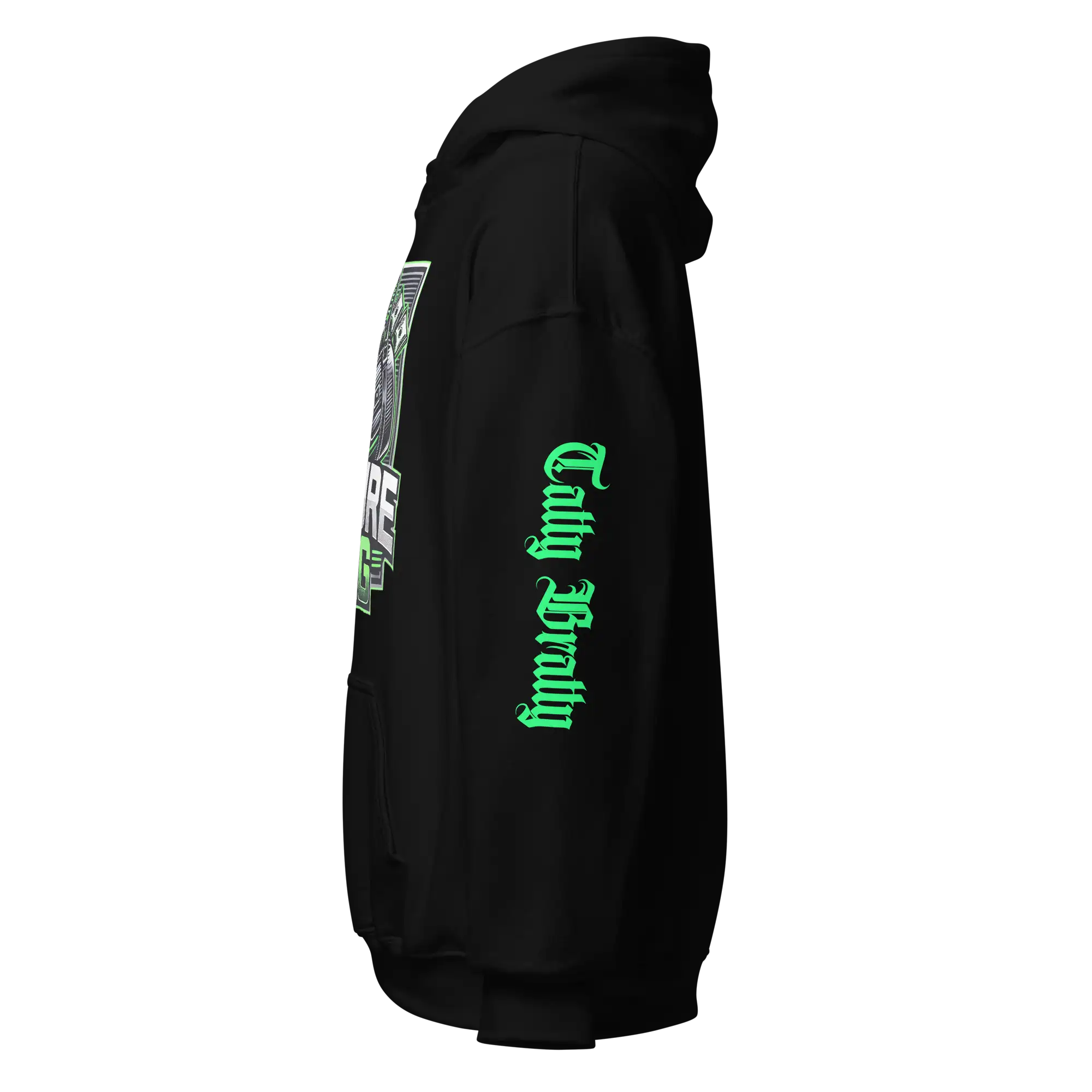 Black hoodie with green lettering.